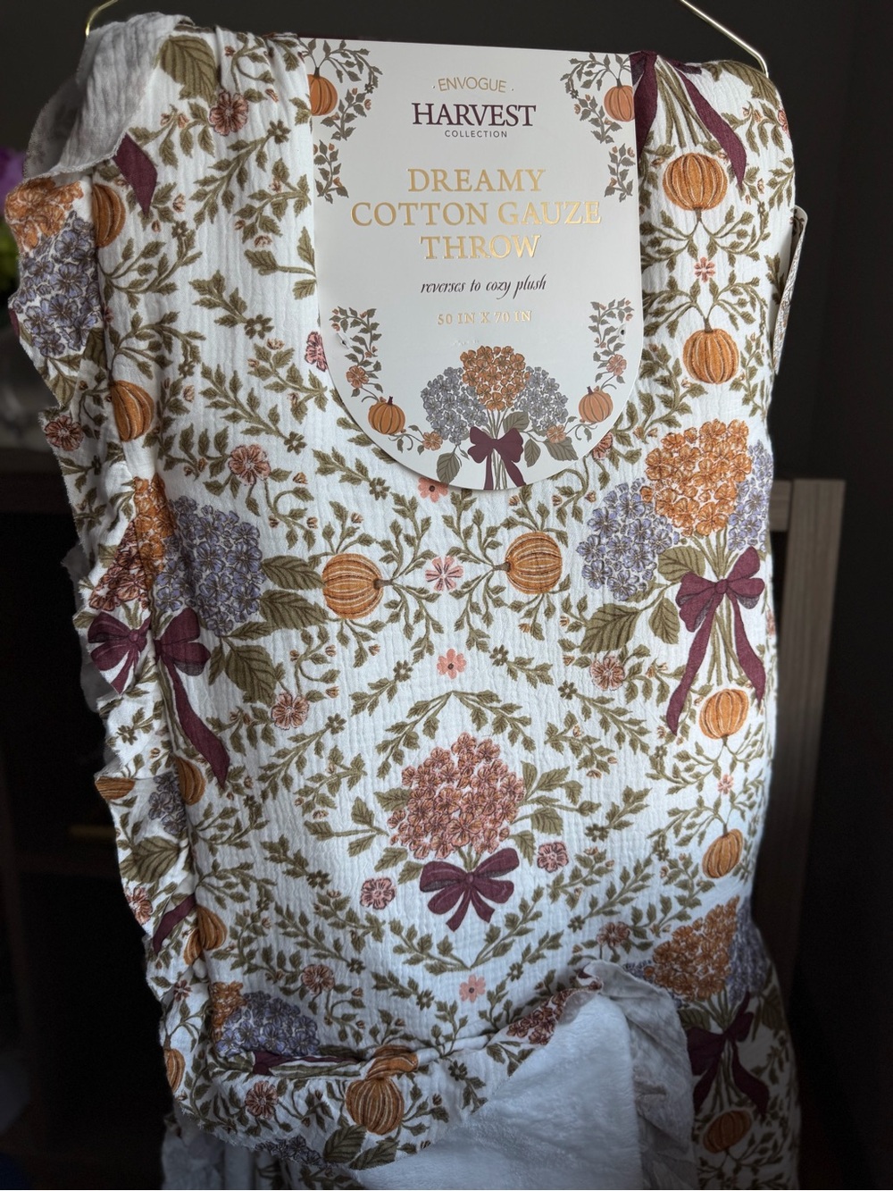 ENVOGUE Dreamy cotton gauze throw fall harvest pumpkin bows cottage core 50”x70